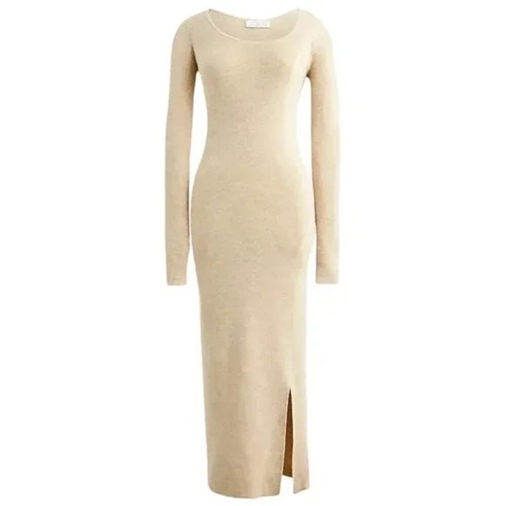 J. Crew Side Slit Sweater Dress Scoop Neck Long Sleeve Tan Cream Womens XL BV998